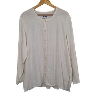 Flax 100% Linen Ivory Warm White Long Sleeve Button Down W Side Slits L